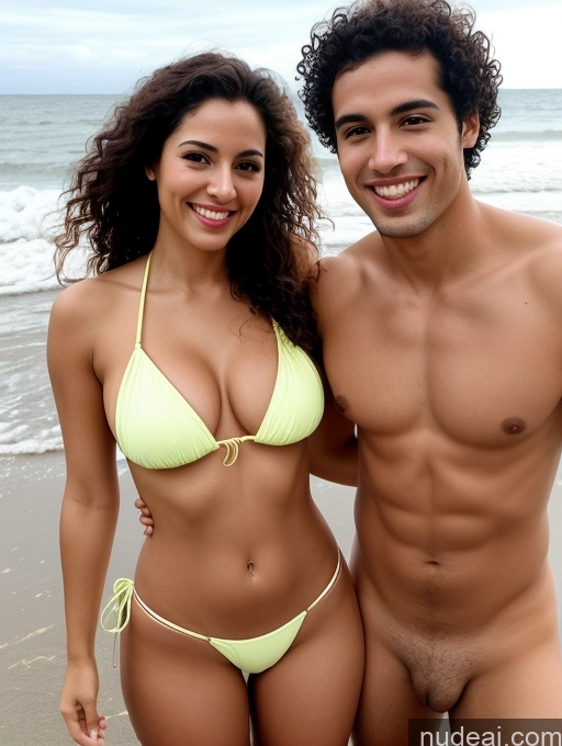 ai nude image of arafed man and woman in bikinis standing on the beach pics of Brazilian Seductive Orgasm Laughing Happy Sexy Face 20s Woman + Man Two Busty Big Ass Tall Brunette Curly Hair Beach Front View Spreading Legs Bikini