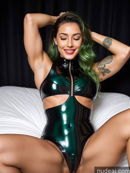 ai nude image of araffe in a latex outfit sitting on a bed pics of Woman Perfect Boobs Beautiful Tattoos Lipstick Muscular Big Ass Skinny Abs Perfect Body 18 Happy Orgasm Green Hair Messy French Skin Detail (beta) Front View Spreading Legs Latex Transparent Detailed Stage