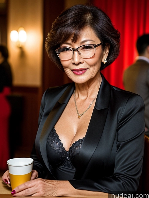 ai nude image of woman in black jacket and glasses holding a cup of coffee pics of Milf Perfect Boobs Beautiful Glasses Perfect Body Pixie Chinese Blouse Bra Jacket Stylish Suit Cleavage Dark Lighting Detailed Party 70s