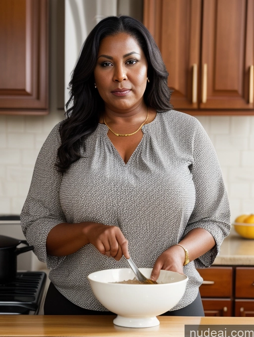 ai nude image of woman in grey shirt mixing food in bowl in kitchen with wooden cabinets pics of One Chubby Dark Skin Serious Black Hair Blouse Detailed Milf Kitchen Cooking Traditional Long Hair 60s Black Tanned Skin Big Ass