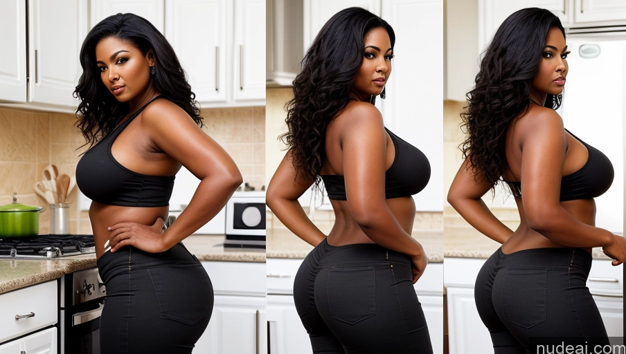 ai nude image of there are three pictures of a woman in a black top and black pants pics of One Chubby Serious Black Hair Cooking Long Hair 60s Tanned Skin Big Ass Kitchen African Big Hips Woman Detailed Casual Side View