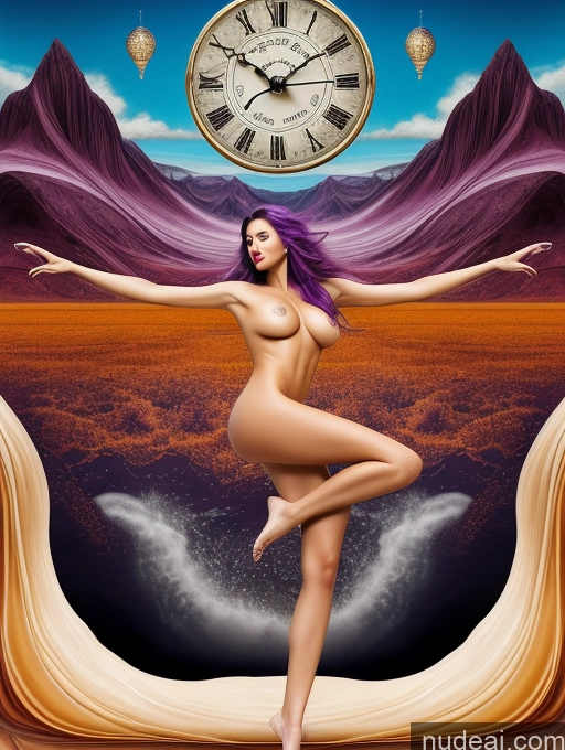 ai nude image of arafed woman with purple hair posing in front of a clock pics of Woman Several Perfect Boobs Beautiful Lipstick Small Ass Tall Long Legs Perfect Body 18 Sexy Face Purple Hair Asian Surrealist Front View Tribal Detailed Spreading Legs Stage