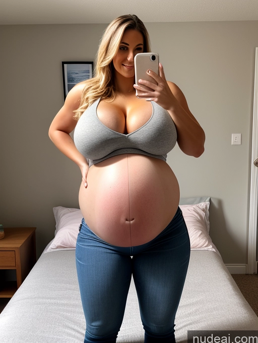 ai nude image of pregnant woman taking a selfie in her bedroom with her cell phone pics of Athlete Huge Boobs Big Ass Big Hips Bedroom Jeans Pregnant