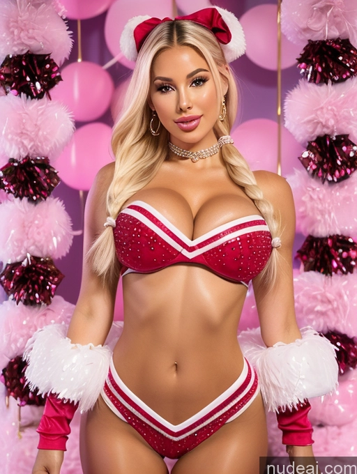 ai nude image of araffe dressed in a red and white cheerleader outfit posing for a picture pics of Bimbo Perfect Boobs Lipstick Big Ass Chubby Long Legs Big Hips 30s Blonde Pigtails White Front View Cheerleader Sexy Face 3d Cumshot Diamond Jewelry Wine