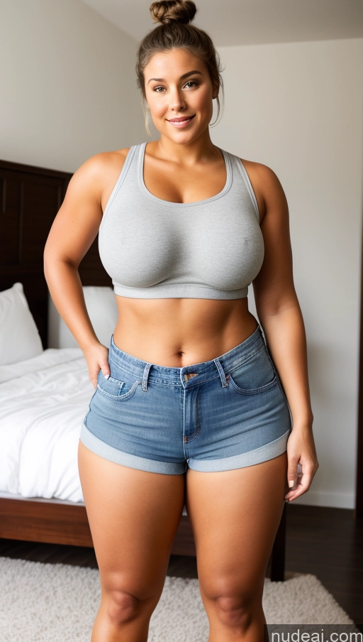 ai nude image of arafed woman in a gray tank top and blue shorts posing for a picture pics of Big Hips Big Ass Athlete Bedroom Perfect Boobs Jeans Hair Bun Short Shorts