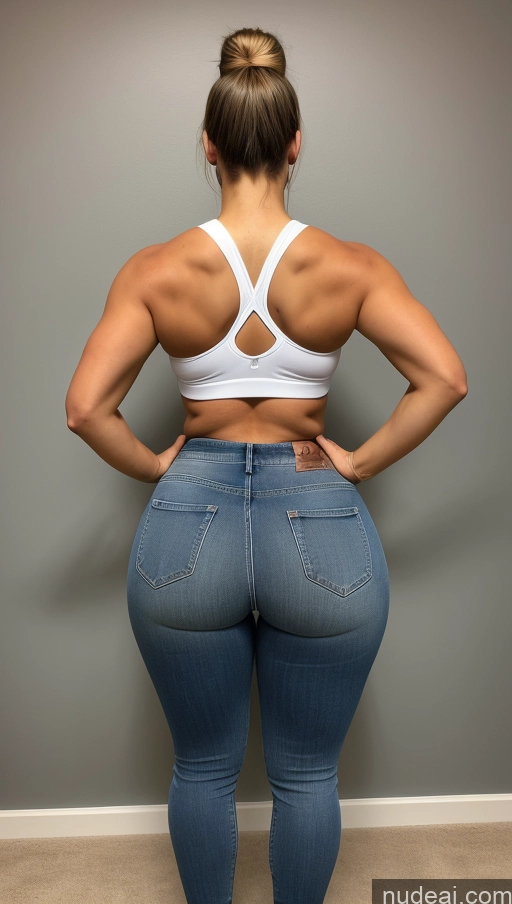 ai nude image of arafed woman in a white sports bra top and jeans pics of Big Hips Big Ass Athlete Jeans Ponytail