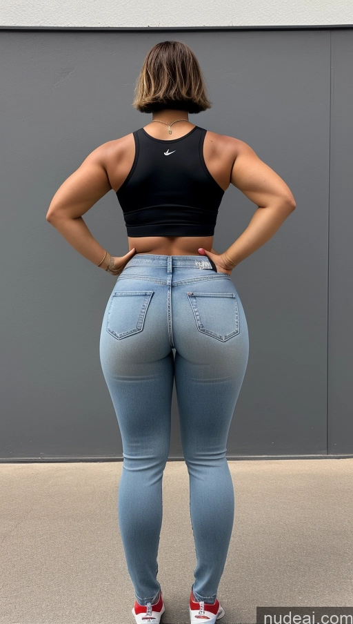 ai nude image of araffed woman in a black top and jeans standing in front of a gray wall pics of Big Hips Big Ass Athlete Jeans Bobcut