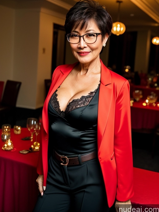 ai nude image of woman in red blazer and black top standing in front of red table pics of Milf Perfect Boobs Beautiful Glasses Perfect Body 70s Pixie Chinese Party Blouse Bra Jacket Stylish Suit Cleavage Dark Lighting Detailed