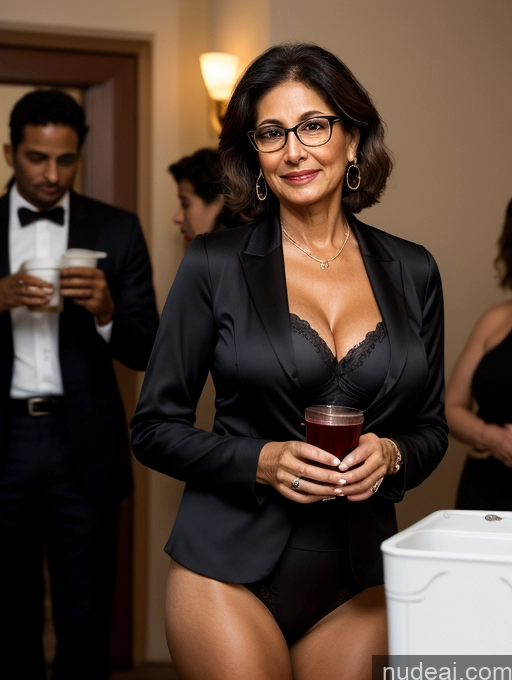 ai nude image of there is a woman in a black suit holding a glass pics of Milf Perfect Boobs Beautiful Glasses Perfect Body Pixie Party Blouse Bra Jacket Professor Secretary Stylish Suit Cleavage Partially Nude Dark Lighting Detailed 60s Arabic Dark Skin