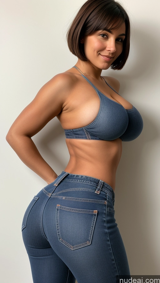 ai nude image of arafed woman in jeans posing for a picture in a studio pics of Big Hips Big Ass Athlete Jeans Bobcut Perfect Boobs Front View