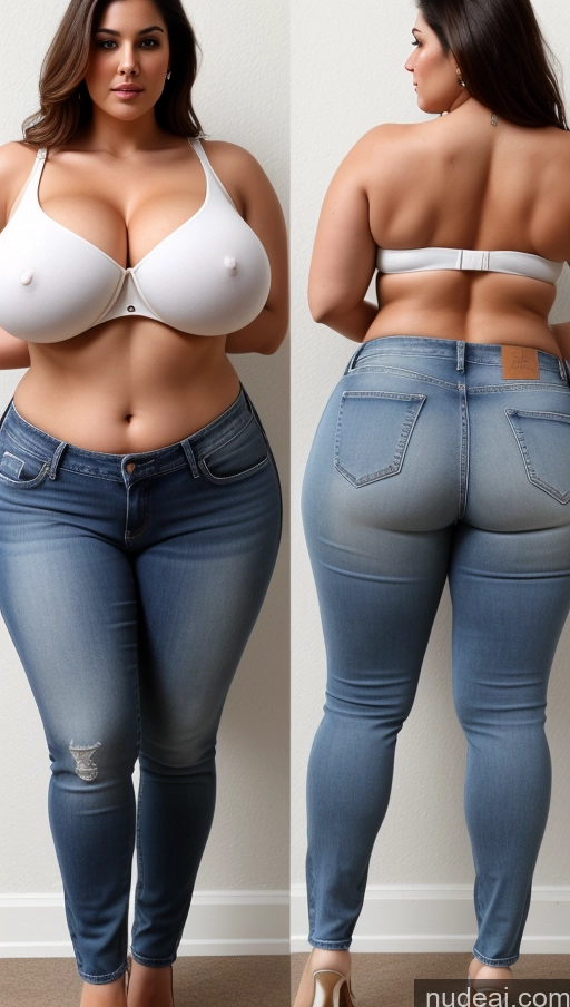 ai nude image of araffed woman in a white bra top and jeans showing off her butt pics of Huge Boobs Big Ass Abs Chubby Fairer Skin Indian Jeans