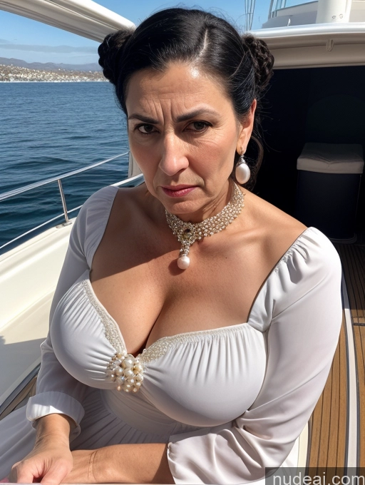 ai nude image of woman in white dress sitting on a boat with a necklace on pics of Milf Huge Boobs Skinny Short 50s Angry Shocked Black Hair Hair Bun Jewish Front View Dress Traditional Victorian Pearl Jewelry Yacht