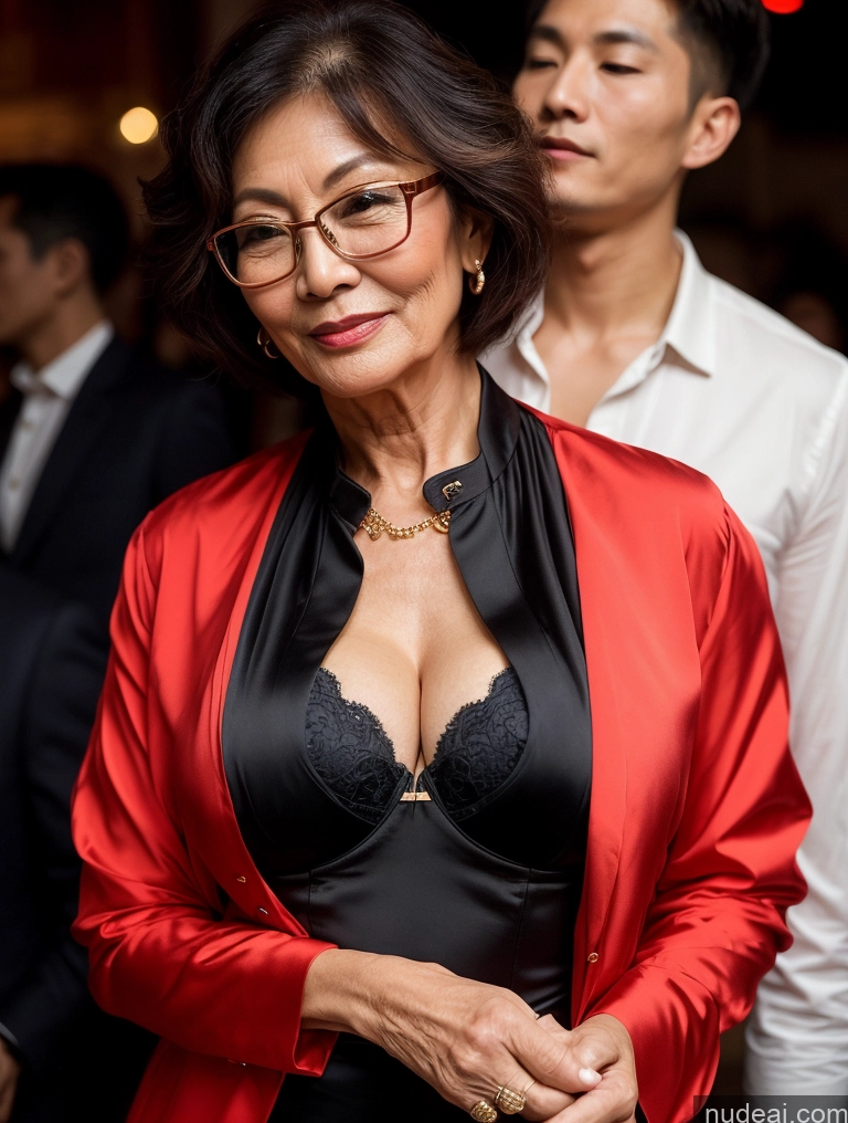 ai nude image of there is a woman in a red jacket and black dress posing for a picture pics of Milf Perfect Boobs Beautiful Glasses Perfect Body 70s Pixie Chinese Party Blouse Bra Jacket Stylish Suit Cleavage Dark Lighting Detailed