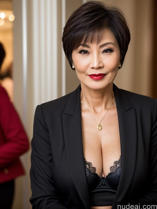 ai nude image of there is a woman in a black suit and red lipstick pics of Milf Perfect Boobs Beautiful Lipstick Perfect Body Short Hair 60s Chinese Bra Jacket Professor Secretary Stylish Suit Dark Lighting Detailed Sexy Face Party