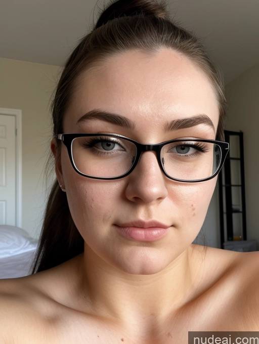 ai nude image of there is a woman with glasses on her face and a bed in the background pics of Busty Chubby 18 Serious Black Hair Ponytail Russian Bedroom Cumshot Detailed Thick Sorority Fairer Skin Glasses