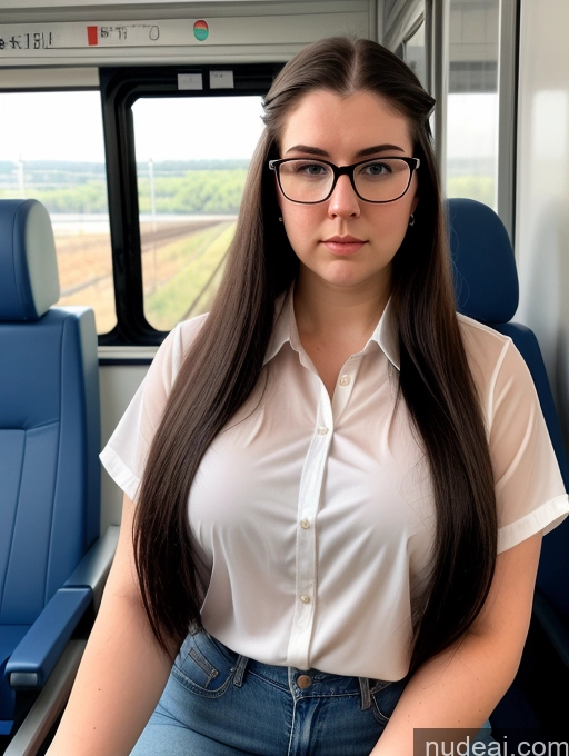 ai nude image of arafed woman sitting on a train seat with her hands on her hips pics of Thick Chubby 18 Serious Black Hair Russian Train Detailed Fairer Skin Glasses Cumshot Ponytail Blouse Jeans