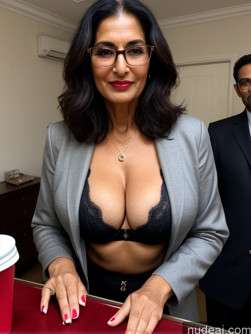 ai nude image of woman in a suit and glasses standing behind a counter with a cup of coffee pics of Milf Perfect Boobs Beautiful Lipstick Perfect Body Bra Jacket Professor Secretary Stylish Suit Dark Lighting Detailed Sexy Face Party 70s Arabic Dark Skin