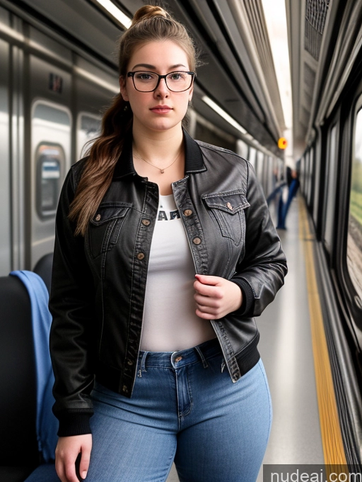 ai nude image of there is a woman standing in a train station with a black jacket pics of Thick Chubby 18 Serious Black Hair Russian Train Detailed Fairer Skin Glasses Ponytail Jeans Jacket