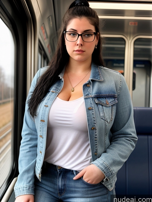 ai nude image of araffe woman in jeans and glasses standing on a train pics of Thick Chubby 18 Serious Black Hair Russian Train Detailed Fairer Skin Glasses Ponytail Jeans Jacket Cumshot