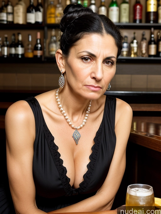 ai nude image of woman sitting at a bar with a drink and a necklace pics of Milf Huge Boobs Skinny Short 50s Angry Shocked Black Hair Hair Bun Jewish Front View Dress Traditional Victorian Pearl Jewelry Bar