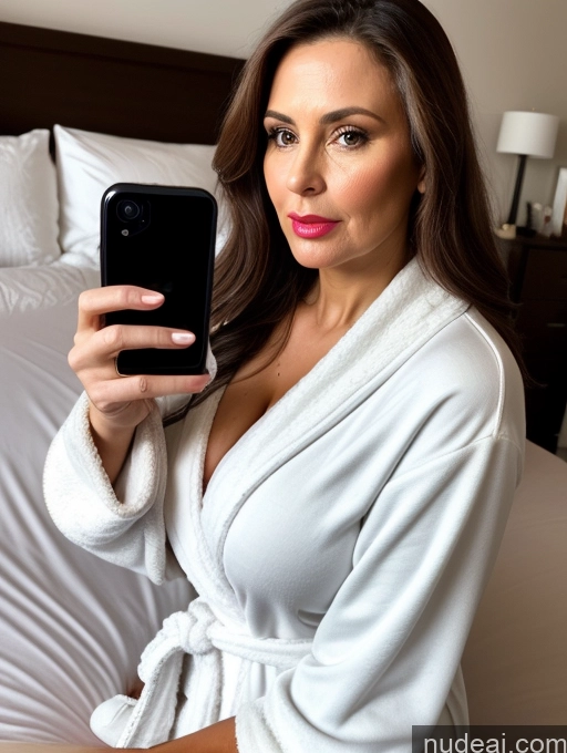 ai nude image of woman in white robe taking a selfie in bed with white sheets pics of Milf Busty One 40s Sexy Face Pouting Lips Brunette Long Hair British Mirror Selfie Bedroom Front View Bathrobe Cleavage