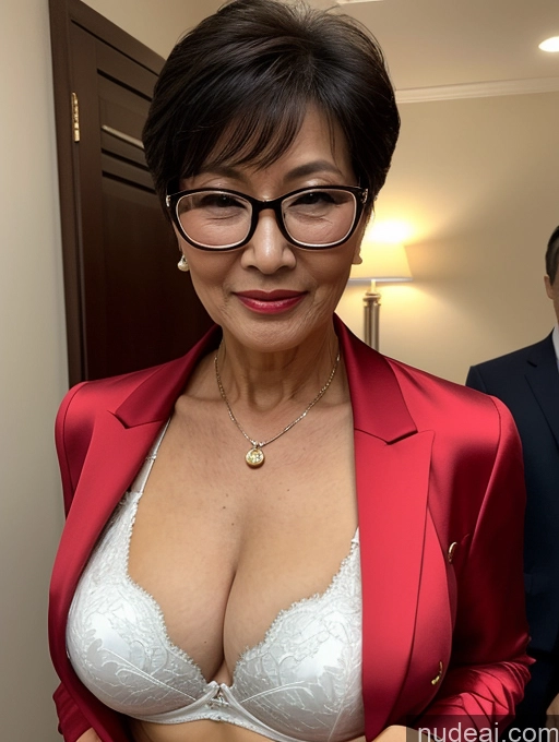 ai nude image of there is a woman in a red jacket and glasses posing for a picture pics of Milf Perfect Boobs Beautiful Glasses Perfect Body 70s Pixie Chinese Party Blouse Bra Jacket Stylish Suit Cleavage Dark Lighting Detailed