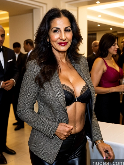 ai nude image of there is a woman in a suit and a man in a tuxedo pics of Milf Perfect Boobs Beautiful Lipstick Perfect Body Bra Jacket Professor Secretary Stylish Suit Dark Lighting Detailed Sexy Face Party 70s Arabic Dark Skin Cleavage