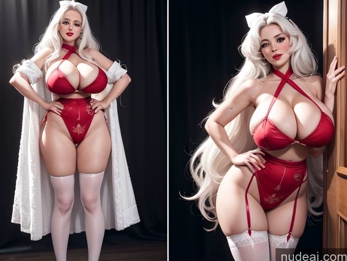 ai nude image of araffe dressed in a red lingerie and white cape pics of Busty Huge Boobs Perfect Boobs Beautiful Lipstick Big Ass Big Hips Tall Perfect Body Long Hair Fairer Skin Happy White Hair 60s Bows Stockings Traditional Bright Lighting