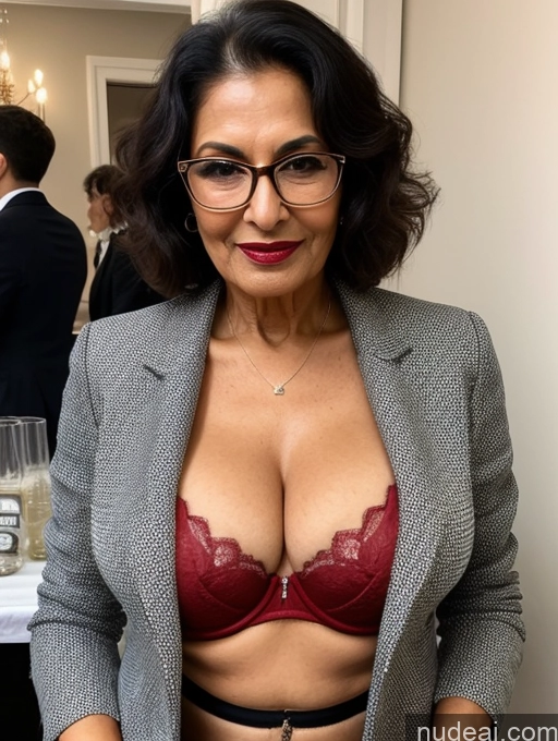 ai nude image of arafed woman in a suit and glasses posing for a picture pics of Milf Perfect Boobs Beautiful Lipstick Perfect Body Bra Jacket Professor Secretary Stylish Suit Detailed Sexy Face Party 70s Dark Skin Cleavage Persian