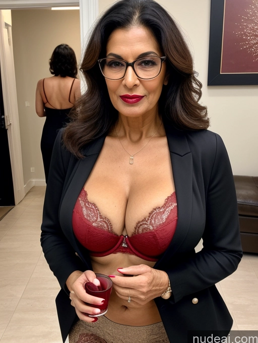 ai nude image of there is a woman in a bra top and glasses posing for a picture pics of Milf Perfect Boobs Beautiful Lipstick Perfect Body Bra Jacket Professor Secretary Stylish Suit Detailed Sexy Face Party 70s Dark Skin Cleavage Persian