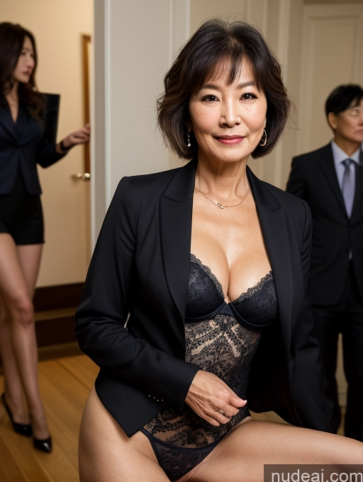 ai nude image of there is a woman in a black suit posing for a picture pics of Milf Perfect Boobs Beautiful Perfect Body Pixie Party Blouse Bra Jacket Professor Secretary Stylish Suit Cleavage Partially Nude Dark Lighting Detailed Korean 70s