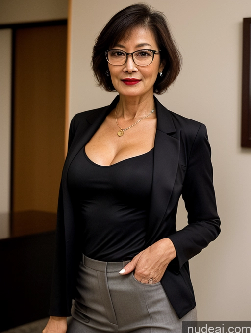 ai nude image of there is a woman in a black top and grey pants pics of Milf Perfect Boobs Beautiful Perfect Body Pixie Party Blouse Bra Jacket Professor Secretary Stylish Suit Cleavage Partially Nude Dark Lighting Detailed Glasses Lipstick 60s Japanese