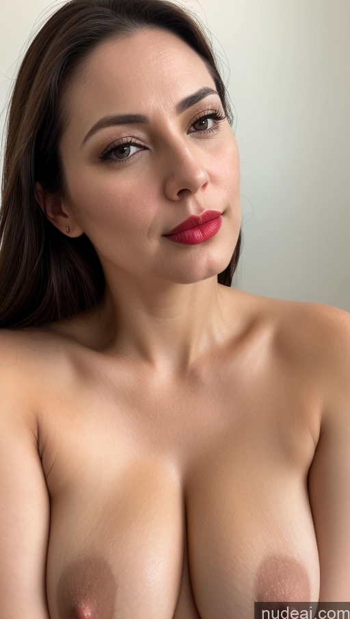 ai nude image of arafed woman with a big breast posing for a picture pics of Woman Beautiful Lipstick Fairer Skin One Indonesian 40s Brunette Slicked Simple Detailed Close-up View Busty Perfect Boobs