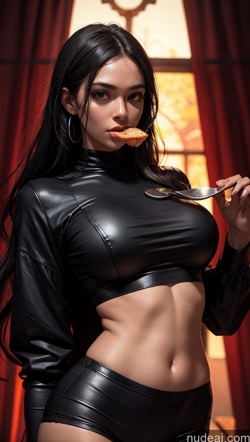 ai nude image of there is a woman in a black latex outfit eating a spoon pics of One Chubby Long Hair Dark Skin 40s Black Hair African Blouse Dark Lighting Simple Hell Dark Fantasy Woman Detailed Eating Crop Top Dominatrix Doctor Cosplay