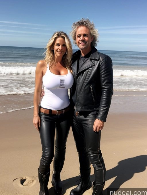 ai nude image of blond woman in white top and black leather pants standing next to a man pics of Huge Boobs Blonde 60s Messy White Serious Skinny Pubic Hair Leather Beach Boots Big Ass Woman + Man