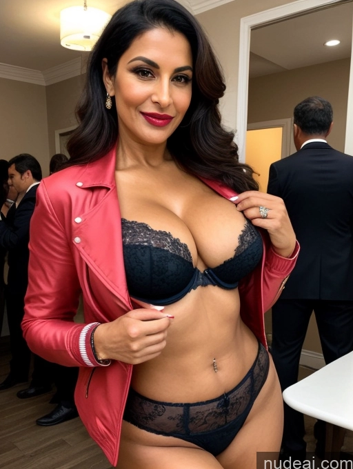 ai nude image of araffed woman in a black bra and red jacket posing for a picture pics of Milf Perfect Boobs Beautiful Lipstick Perfect Body Dark Skin 50s Persian Party Bra Jacket Professor Secretary Stylish Suit Cleavage Detailed Sexy Face Two