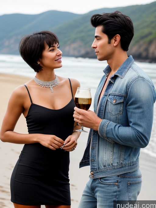 ai nude image of they are standing on the beach and having a drink together pics of Two Perfect Body 18 Seductive Sexy Face Black Hair Short Hair Indian Skin Detail (beta) Beach Side View Eating Casual Jeans Beer Diamond Jewelry Wine Dark Lighting Detailed Woman + Man