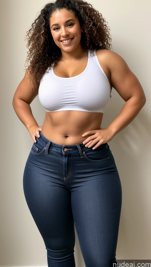 ai nude image of arafed woman in a white top and jeans posing for a picture pics of Athlete Big Hips Big Ass Jeans Curly Hair