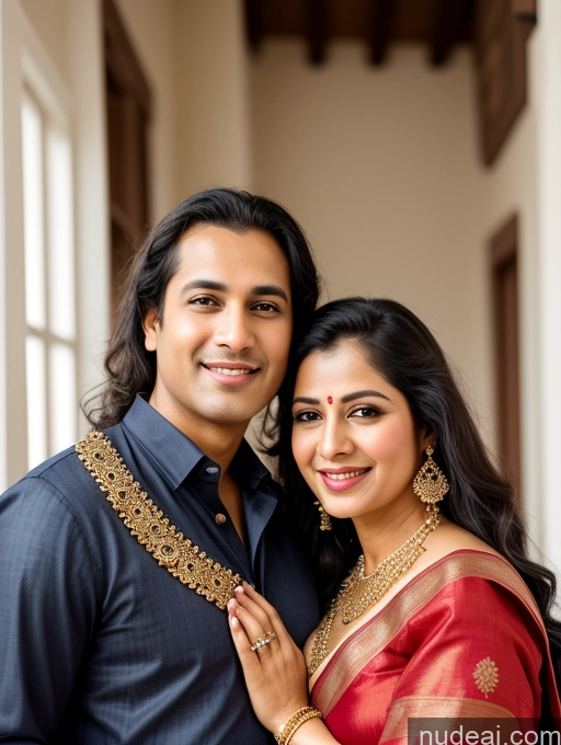 ai nude image of there is a man and woman posing for a picture together pics of Woman + Man Two Busty 50s Happy Black Hair Long Hair Indian Bedroom Close-up View Traditional Sari Shirt Jeans Jewelry