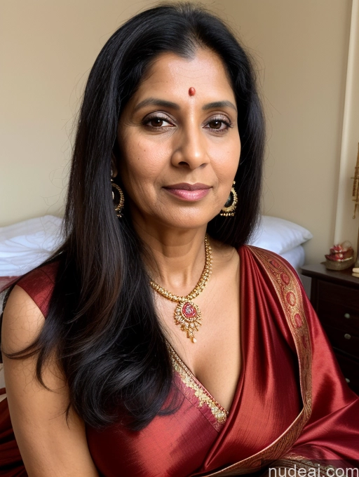 ai nude image of there is a woman sitting in a red dress with a gold necklace pics of 50s Black Hair Long Hair Indian Bedroom Close-up View Traditional Sari Jewelry Milf One Busty Sexy Face