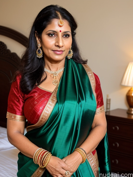 ai nude image of there is a woman in a green sari posing for a picture pics of 50s Black Hair Long Hair Indian Bedroom Close-up View Traditional Sari Jewelry Milf One Busty