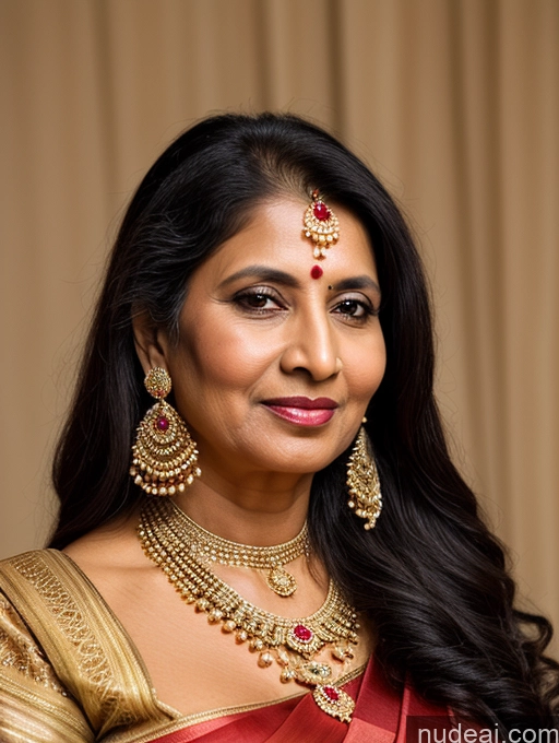 ai nude image of arafed woman in a red and gold sari with a gold necklace and earrings pics of 50s Black Hair Long Hair Indian Close-up View Traditional Sari Jewelry Milf One Busty