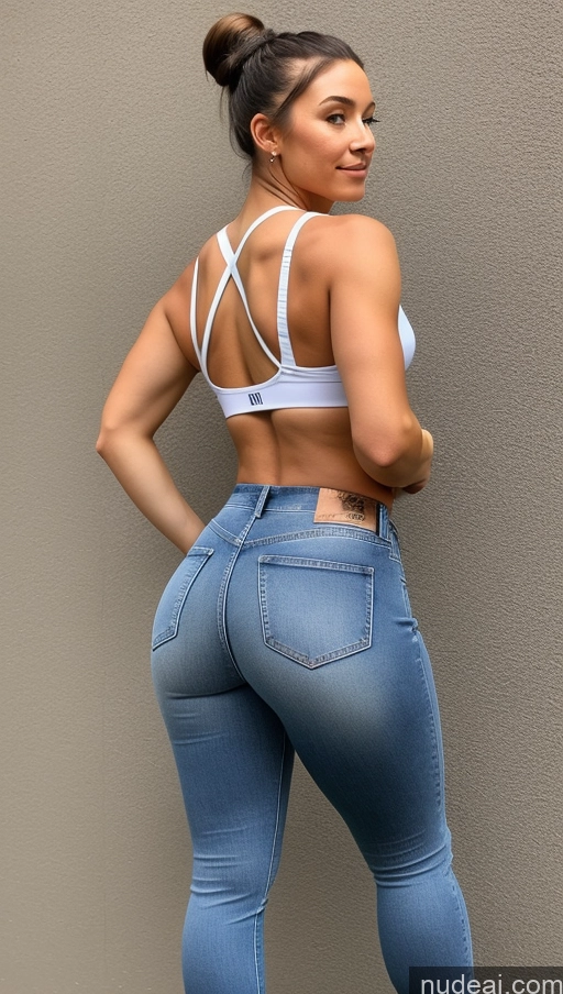 ai nude image of a close up of a woman in a white bra top and jeans pics of Athlete Big Hips Big Ass Jeans Hair Bun