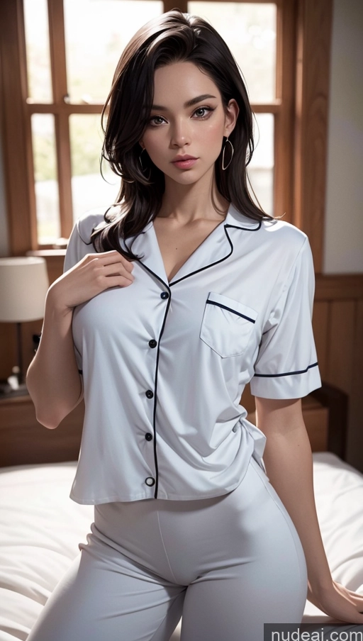 ai nude image of arafed woman in a white shirt and grey pants posing on a bed pics of Beautiful Muscular Thick Perfect Body Long Legs Fairer Skin Bright Lighting White Sexy Face Black Hair Pajamas Shirt Detailed Illustration Athlete