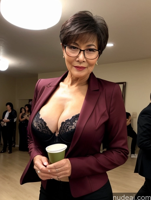 ai nude image of woman in a red jacket and black skirt holding a cup of coffee pics of Milf Perfect Boobs Beautiful Glasses Perfect Body 70s Pixie Chinese Party Blouse Bra Jacket Stylish Suit Cleavage Dark Lighting Detailed