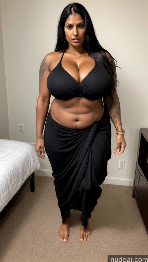 ai nude image of arafed woman in a black dress standing in a bedroom pics of Milf Big Ass Big Hips Indian Bedroom Sexy Face Busty Tattoos Tall Dark Skin Beautiful 30s Front View T-pose Perfect Body Abs Huge Boobs Angry Long Hair Muscular Black Hair Sari