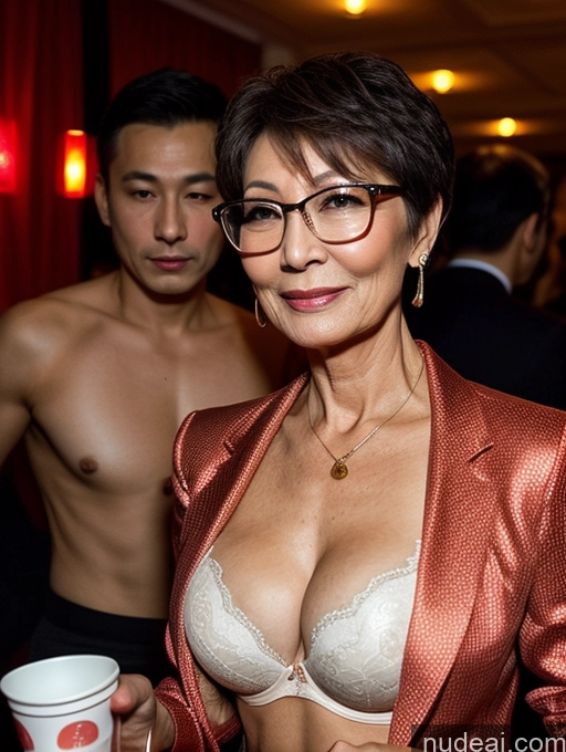 ai nude image of there is a woman in a bra top and glasses holding a cup pics of Milf Perfect Boobs Beautiful Glasses Perfect Body 70s Pixie Chinese Party Blouse Bra Jacket Stylish Suit Cleavage Dark Lighting Detailed