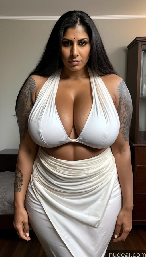 ai nude image of araffe woman in a white dress posing for a picture pics of Milf Big Ass Big Hips Indian Bedroom Sexy Face Busty Tattoos Tall Dark Skin Beautiful 30s Front View T-pose Perfect Body Abs Huge Boobs Angry Long Hair Muscular Sari White Hair