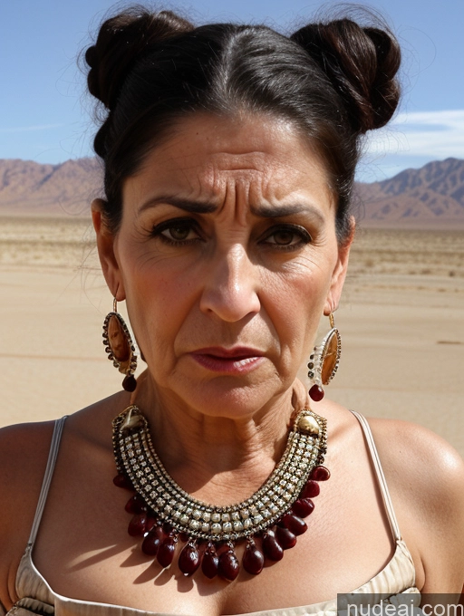 ai nude image of there is a woman with a necklace and earrings on in the desert pics of Milf Busty Skinny Short Pregnant 50s Angry Shocked Sad Black Hair Hair Bun Jewish Desert Front View Dress Traditional Victorian Pearl Jewelry