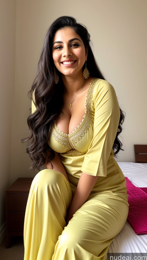 ai nude image of araffe woman in yellow dress sitting on a bed smiling pics of Busty Perfect Boobs Beautiful Big Ass Black Hair Bedroom Sexy Face Hair Bun Happy Front View 18 Salwar